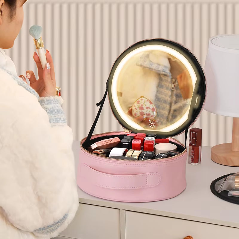 Portable Travel Makeup Bag with LED Mirror and Rechargeable Light