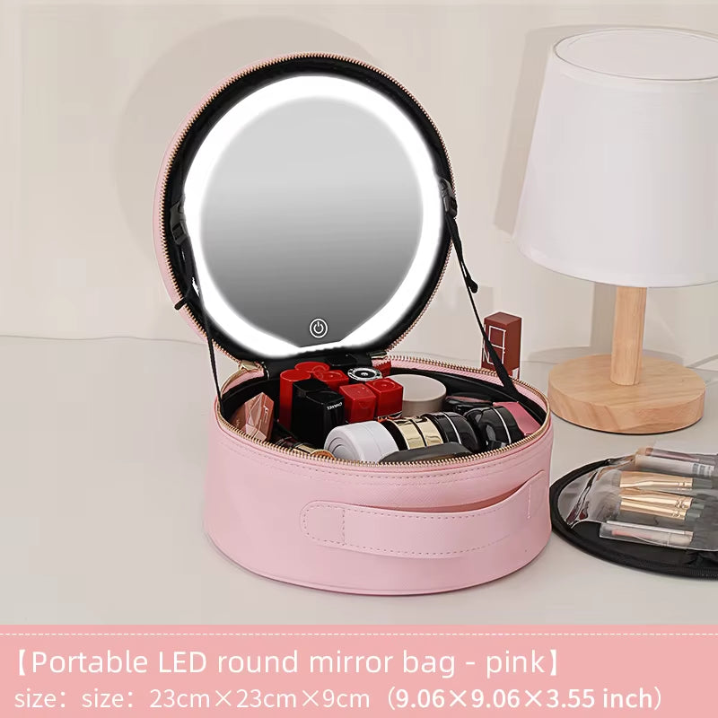 Portable Travel Makeup Bag with LED Mirror and Rechargeable Light