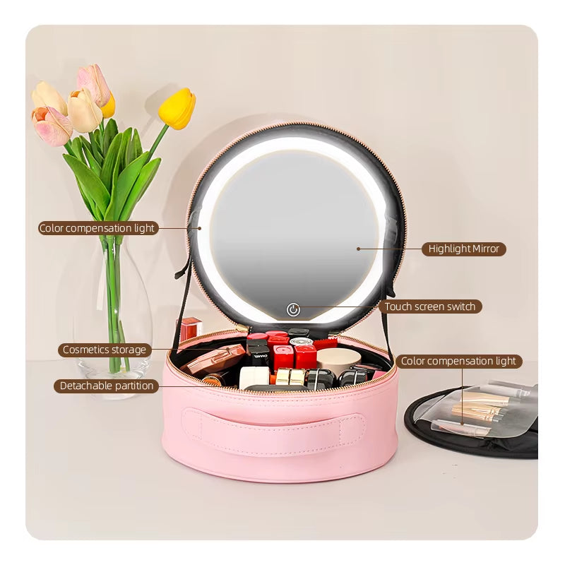 Portable Travel Makeup Bag with LED Mirror and Rechargeable Light