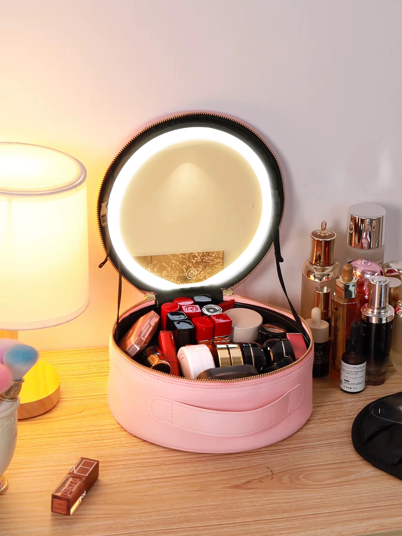 Portable Travel Makeup Bag with LED Mirror and Rechargeable Light
